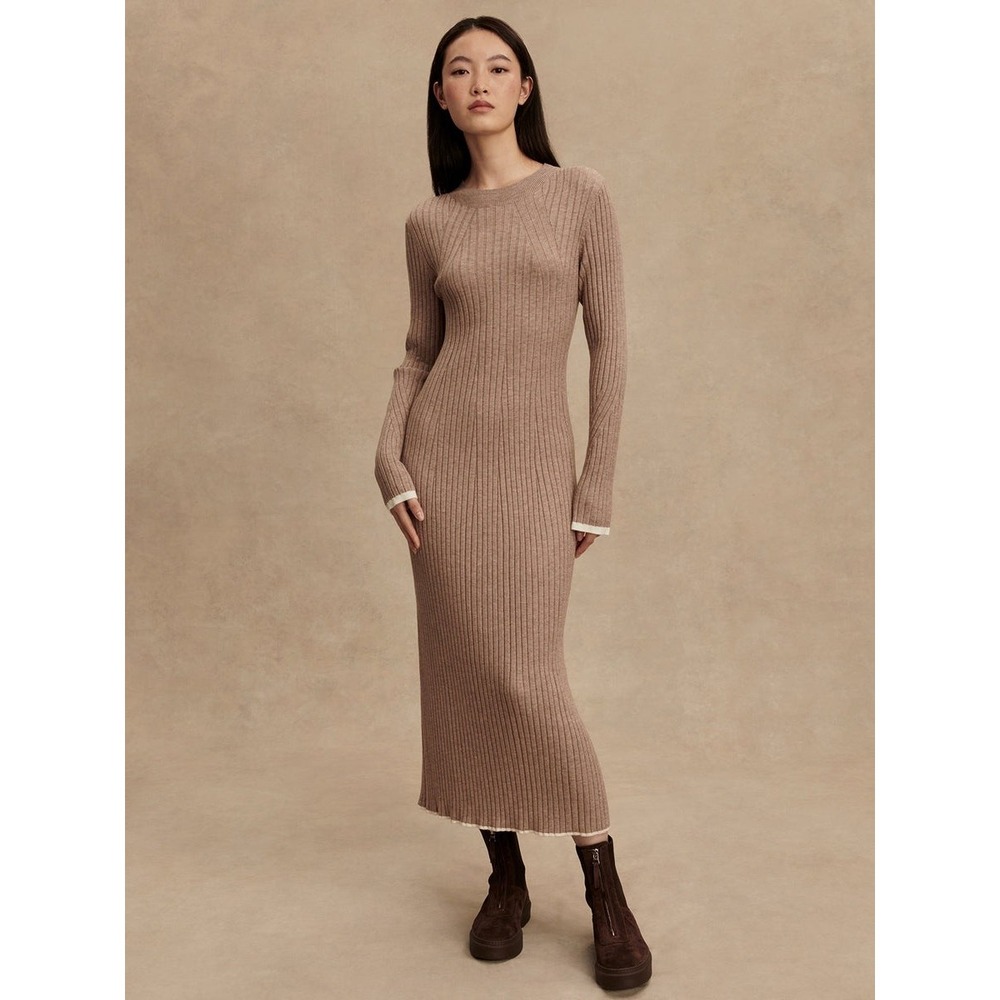 Varley Axel Rib Knit Midi Dress Light Tan Marl Long Sleeve XXS VAR02415 NEW